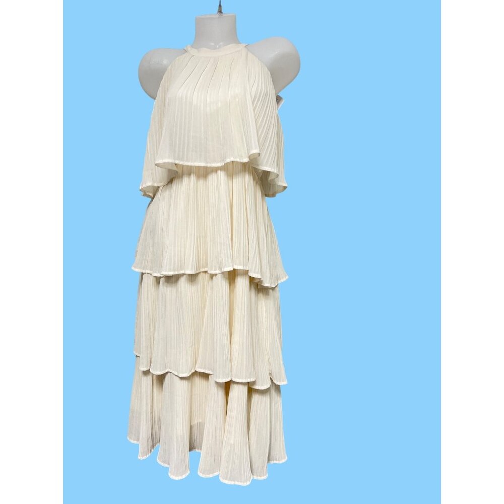 Zesica Womens Sleeveless Halter Dress Ivory Tiered Pleated Dress Size S